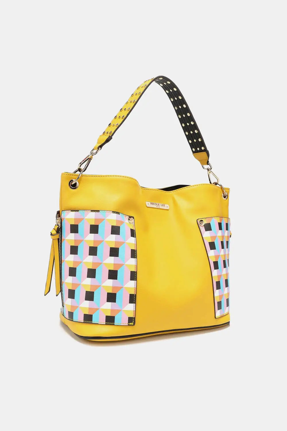 Yellow woven pattern large shoulder bag with black studded strap from Nicole Lee USA Quihn set