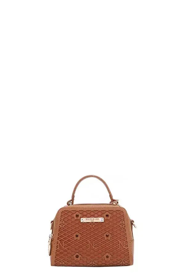 Tan woven vegan leather Nicole Lee USA structured handbag with gold hardware