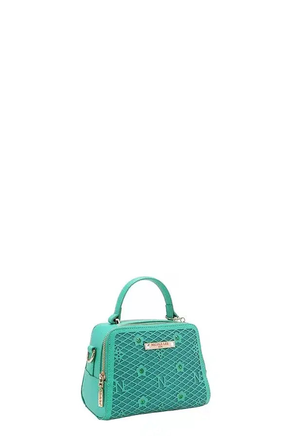 Teal vegan leather structured handbag with gold hardware by Nicole Lee USA