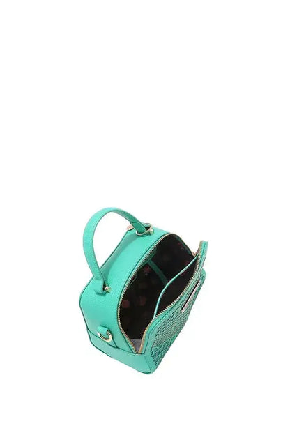 Mint green vegan leather Nicole Lee USA structured handbag with crocodile embossing and silver hardware