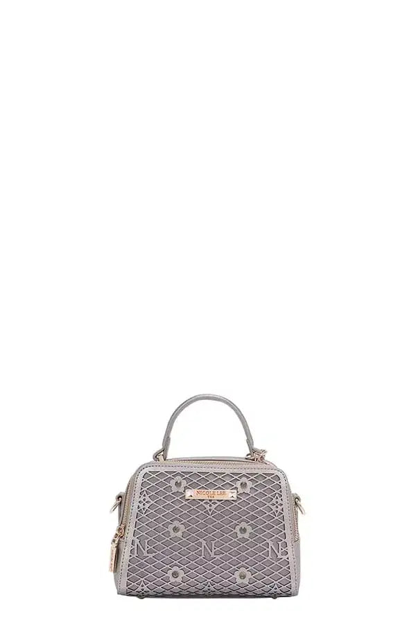 Grey quilted Nicole Lee USA vegan leather handbag with floral accents and silver hardware