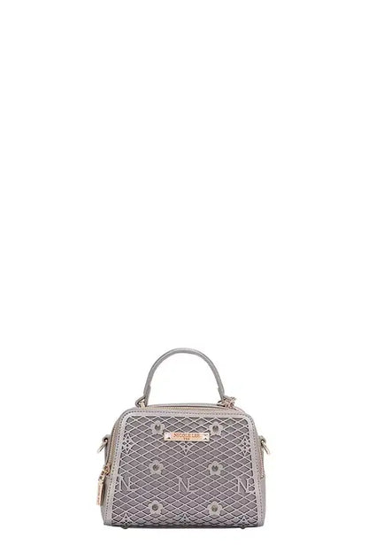 Grey quilted Nicole Lee USA vegan leather handbag with floral accents and silver hardware