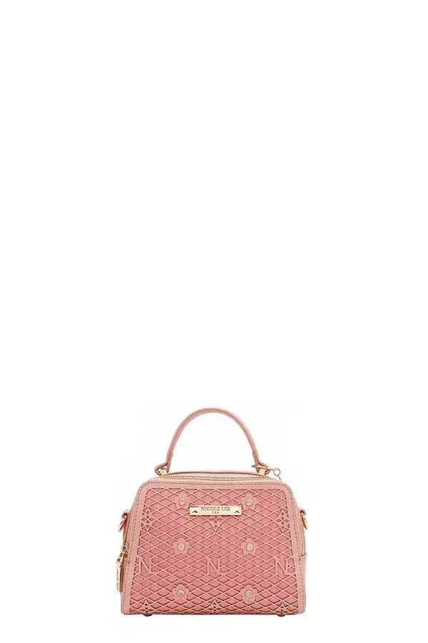 Pink vegan leather handbag with gold hardware and structured dome shape by Nicole Lee USA