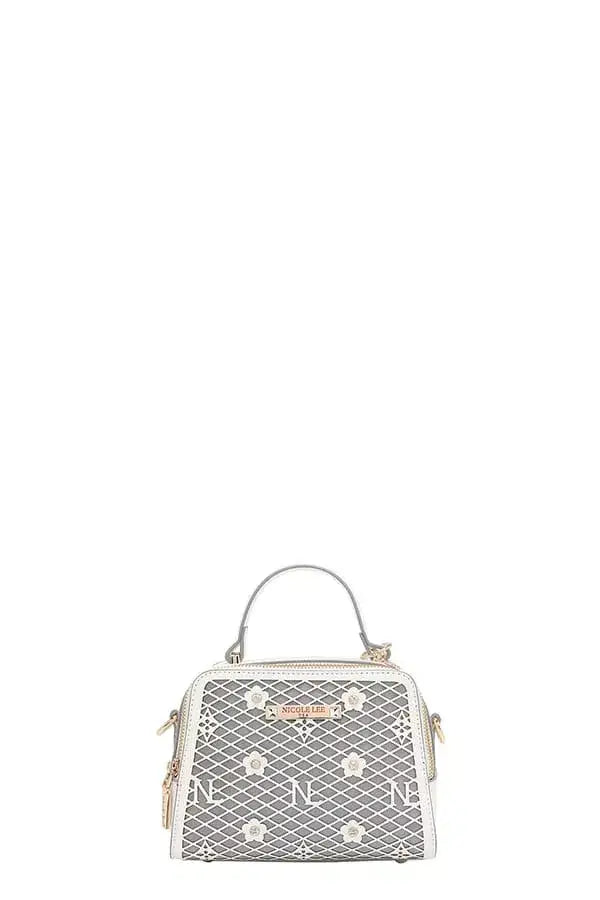 Grey and white floral vegan leather crossbody bag with mesh design and silver hardware by Nicole Lee USA