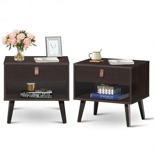Nightstand Bedroom Table with Drawer Storage Shelf-Brown - Color:Brown - Nightstands