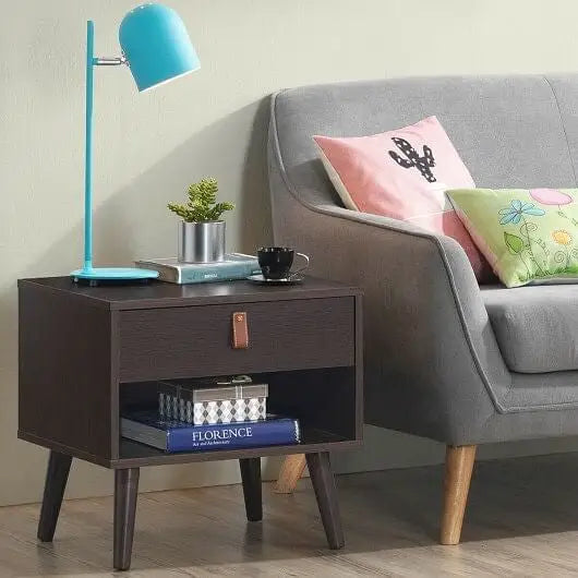 Nightstand Bedroom Table with Drawer Storage Shelf-Brown - Color:Brown - Nightstands
