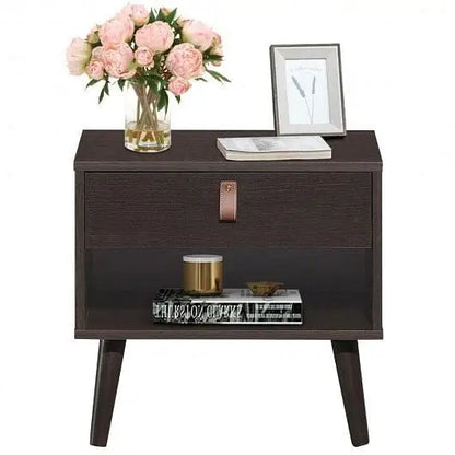 Nightstand Bedroom Table with Drawer Storage Shelf-Brown - Color:Brown - Nightstands