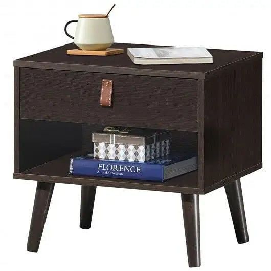 Nightstand Bedroom Table with Drawer Storage Shelf-Brown - Color:Brown - Nightstands