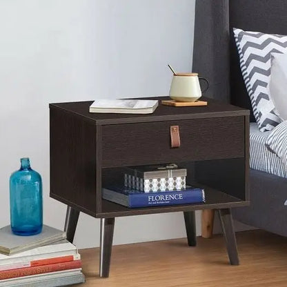 Nightstand Bedroom Table with Drawer Storage Shelf-Brown - Color:Brown - Nightstands