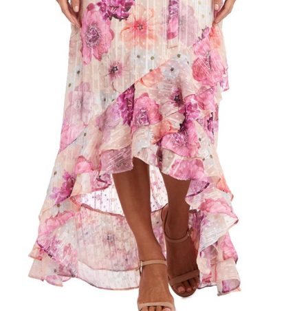 Last One! Size 8 - Nightway Chiffon Floral Metallic Flutter Maxi Day Dress