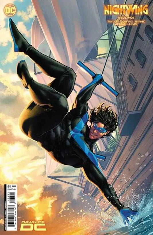 Superhero in black and blue costume soaring, featured on Nightwing #108 trading card