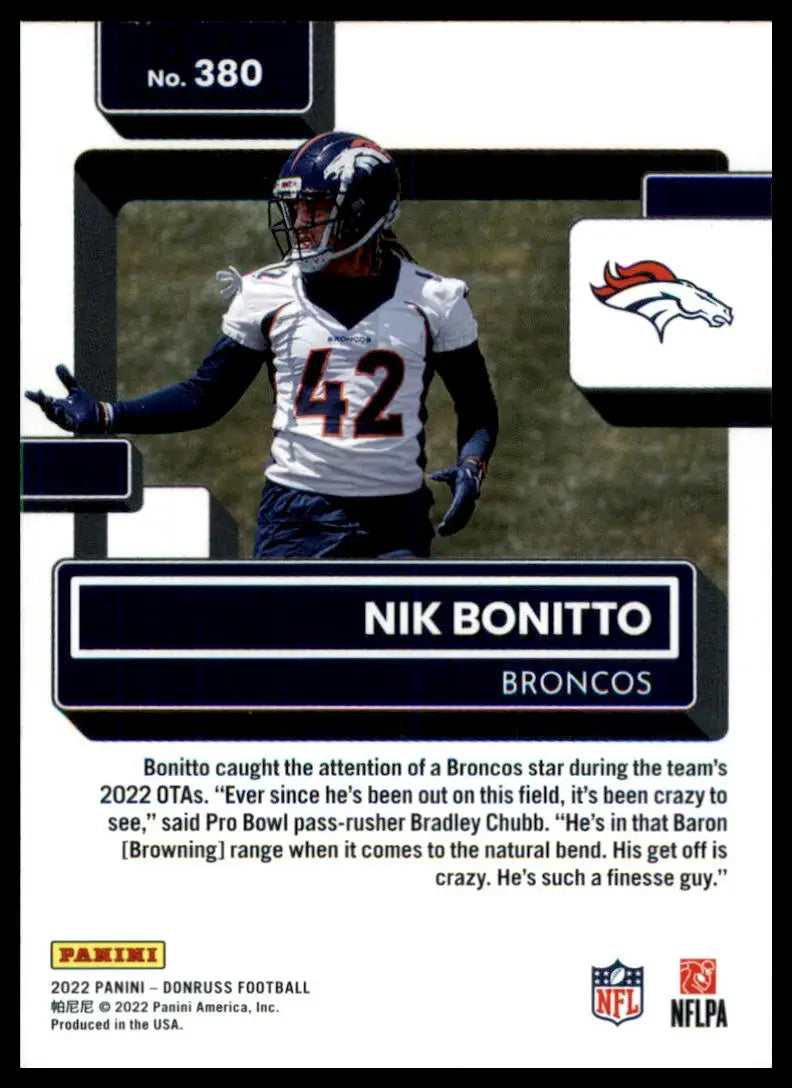 Nik Bonitto football card from 2022 Donruss rookie series featuring Denver Broncos helmet