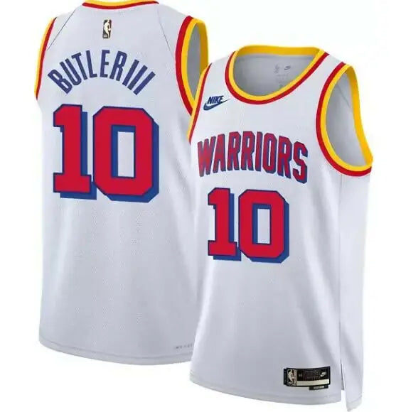White Nike Golden State Warriors Jimmy Butler #10 Hardwood Classic jersey with red and blue details