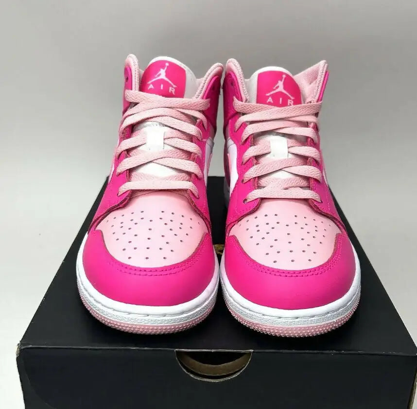 Pink and white Nike Air Jordan 1 Retro Mid Fierce Pink Barbie high-top shoes with laces, fast shipping