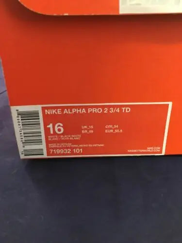 Nike Alpha Pro 2 3/4 TD shoe box for Nike Alpha Pro football cleats size 16 White Black