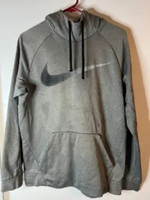 Heather gray Nike pullover hoodie with black drawstring and front pocket for athletes