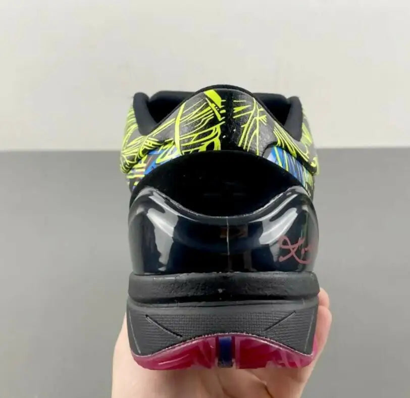 Nike Kobe 4 Protro Wizenard athletic shoe in black and neon green with glossy heel and red outsole, fast shipping