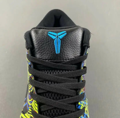 Nike Kobe 4 Protro Wizenard athletic shoe with black neon pattern, blue logo, fast shipping