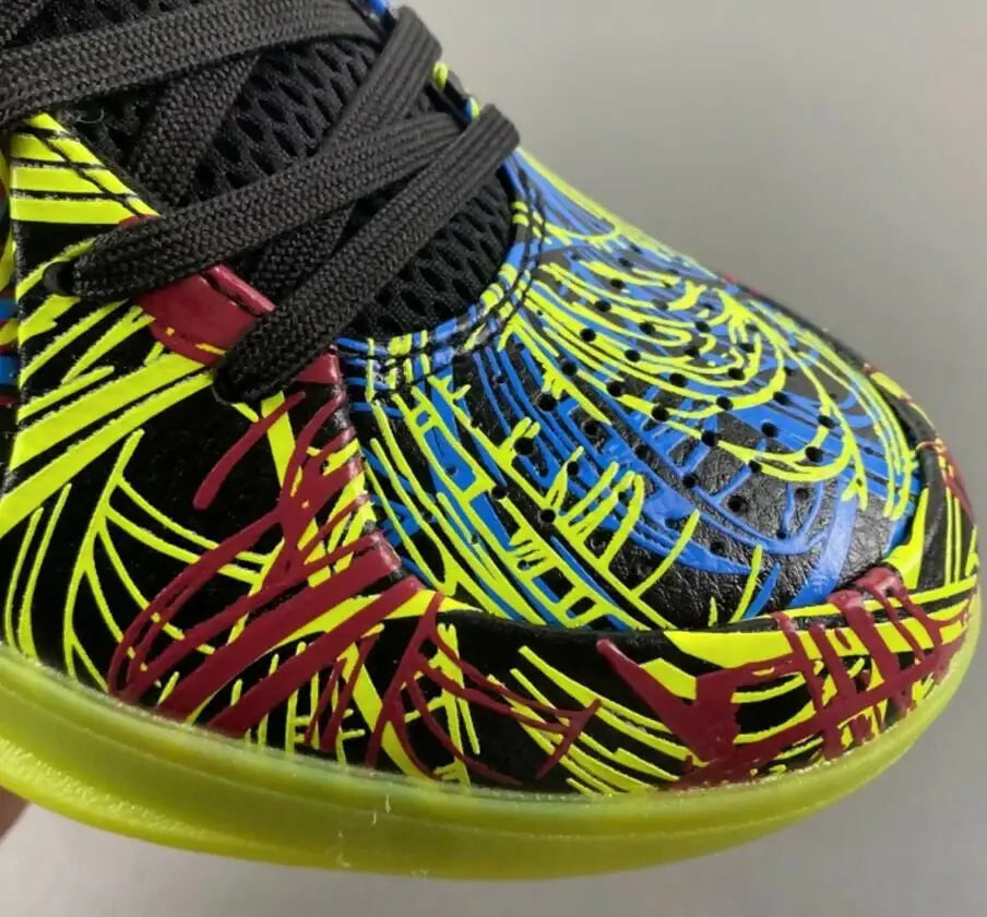 Nike Kobe 4 Protro Wizenard black sneaker with vibrant yellow, blue, red patterns for fast shipping