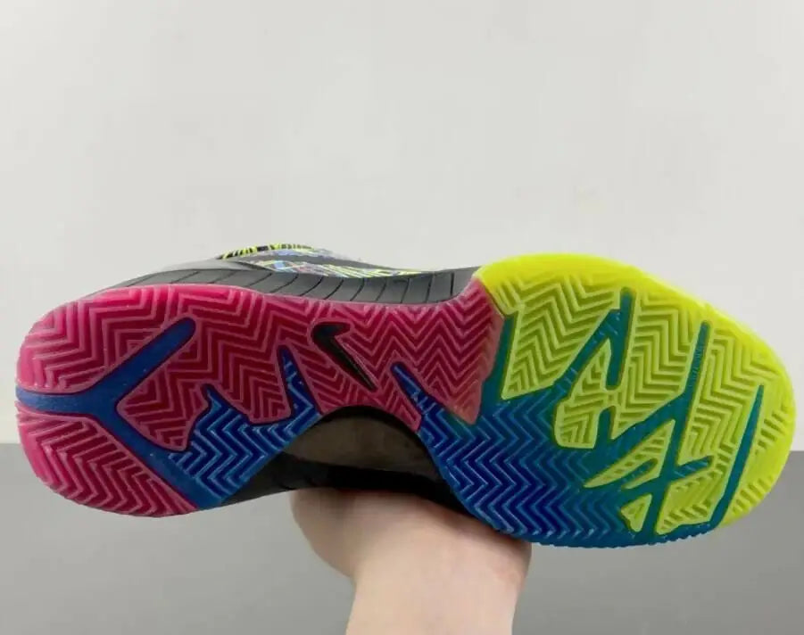 Nike Kobe 4 Protro Wizenard athletic shoe with vibrant pink, blue, neon yellow zigzag sole
