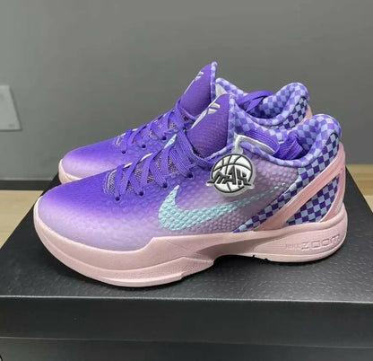 Nike Kobe 6 Purple Checkerboard athletic shoes with basketball charm, fast shipping available