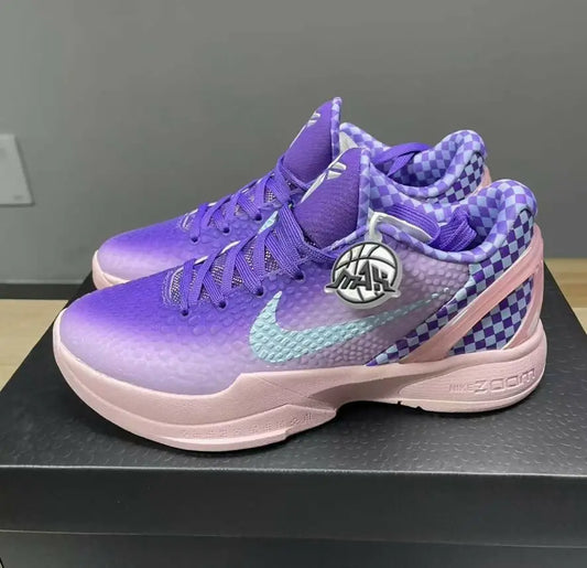 Nike Kobe 6 Purple Checkerboard athletic shoes with basketball charm, fast shipping available