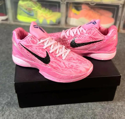 Nike Kobe 6 Strawberry Milk Pink basketball shoes with black swooshes and white laces for fast shipping
