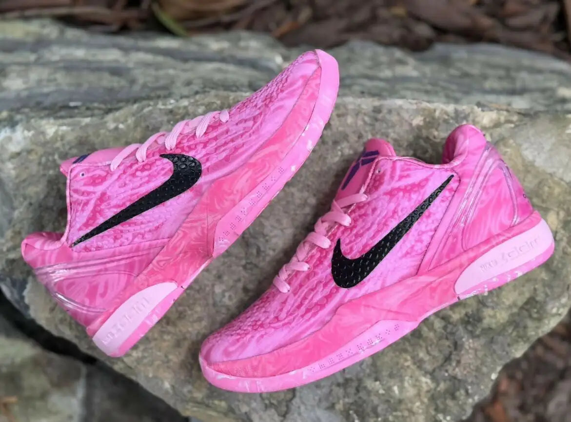 Nike Kobe 6 Strawberry Milk Pink sneakers with vibrant pink and black swooshes, fast shipping