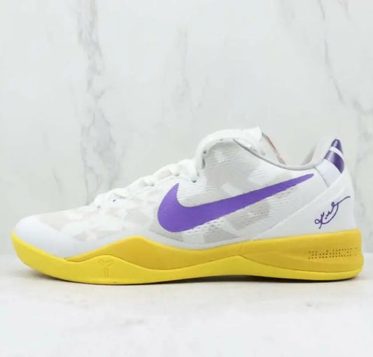 Nike Kobe 8 Protro Lakers Home white purple basketball shoe with yellow sole fast shipping