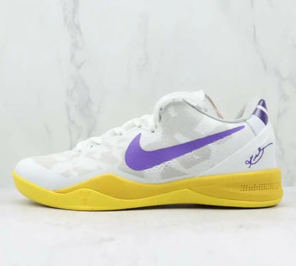 White purple and yellow Nike Kobe 8 Protro Lakers Home basketball shoe with fast shipping