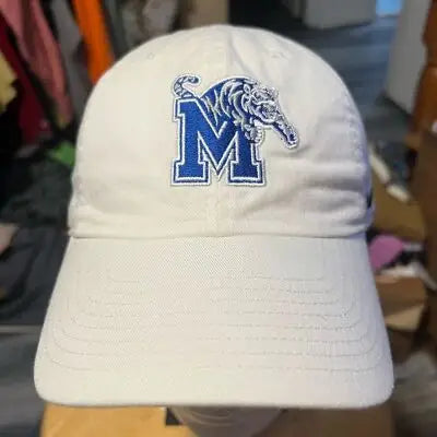White Nike Memphis University Hat with blue M and tiger logo alt text