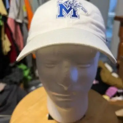 White Nike Memphis University Hat with blue M and tiger mascot graphic