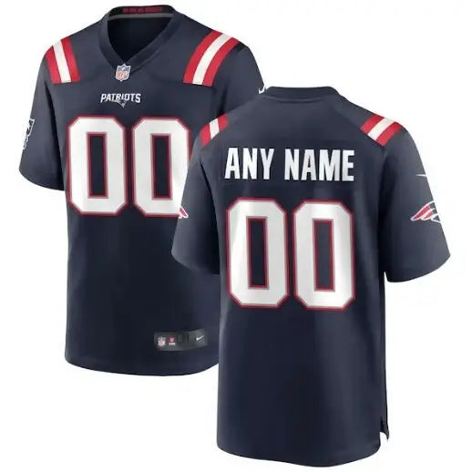Custom navy blue New England Patriots football jersey with red and white accents and number 00