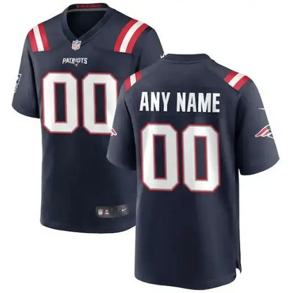 Custom navy blue New England Patriots football jersey with red and white accents and number 00
