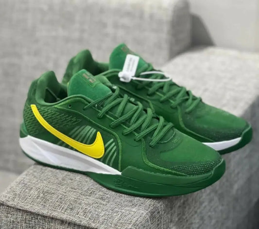 Nike Sabrina 2 Oregon athletic shoes in green and yellow with white soles, fast shipping