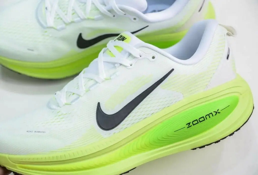 White and neon green Nike Vomero 18 Electric Green Volt running shoes with fast shipping