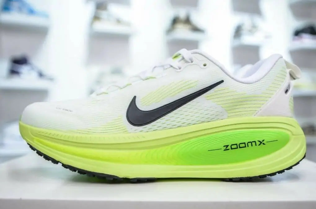 Nike Vomero 18 electric Green Volt running shoe with neon yellow, black swoosh, thick sole