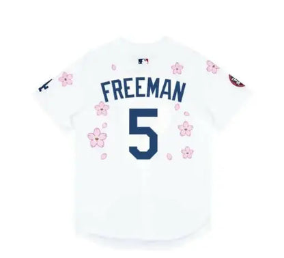 White Nike baseball jersey with cherry blossom design from Takashi Murakami MLB Tokyo Series
