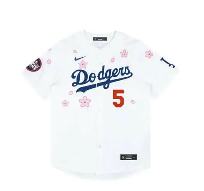 White Dodgers baseball jersey with cherry blossoms from Nike x Takashi Murakami MLB Tokyo Series 2025