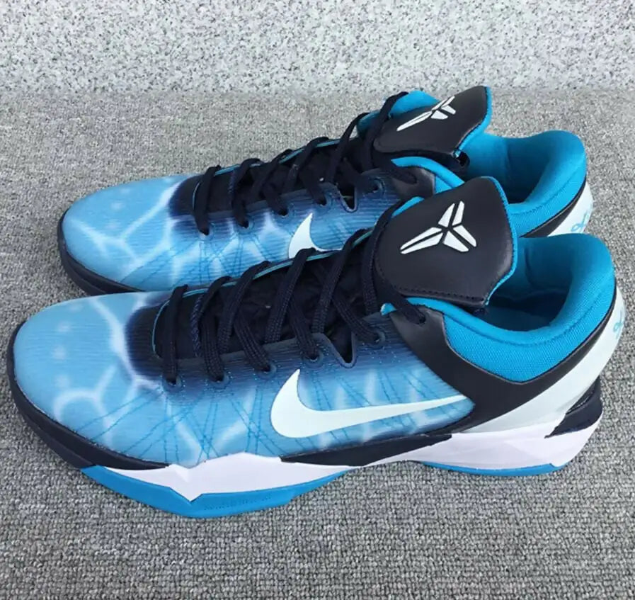 Blue and black Nike Kobe basketball shoes with water ripple pattern, fast shipping available
