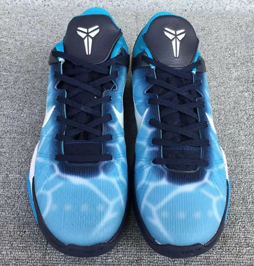 Blue and navy Nike Zoom Kobe 7 Shark sneakers with swoosh and Kobe logo for fast shipping