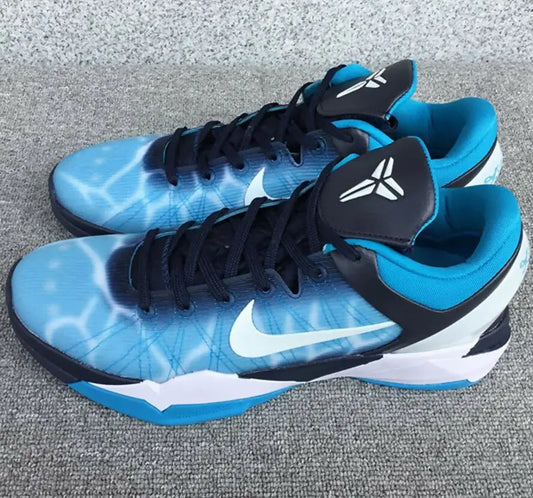 Light blue and black Nike Zoom Kobe 7 Shark athletic shoes with white soles, fast shipping