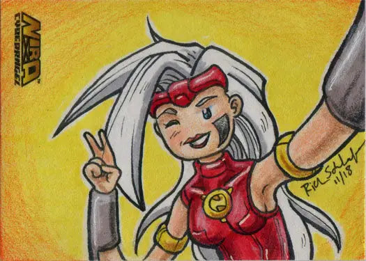 Cartoon drawing of smiling anime character in red outfit on Rich Schleifer sketch card