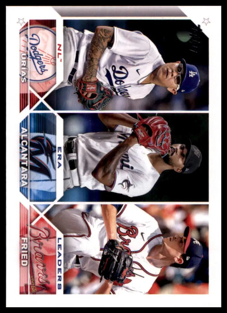 Baseball card featuring NL ERA Leaders Sandy Alcantara and Max Fried from Topps 2023