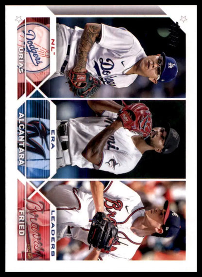 Baseball card featuring NL ERA Leaders Sandy Alcantara and Max Fried from Topps 2023