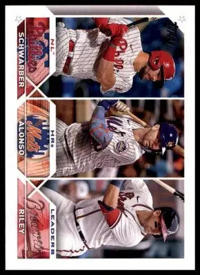 Baseball trading card featuring NL HRs Leaders Kyle Schwarber Pete Alonso Austin Riley