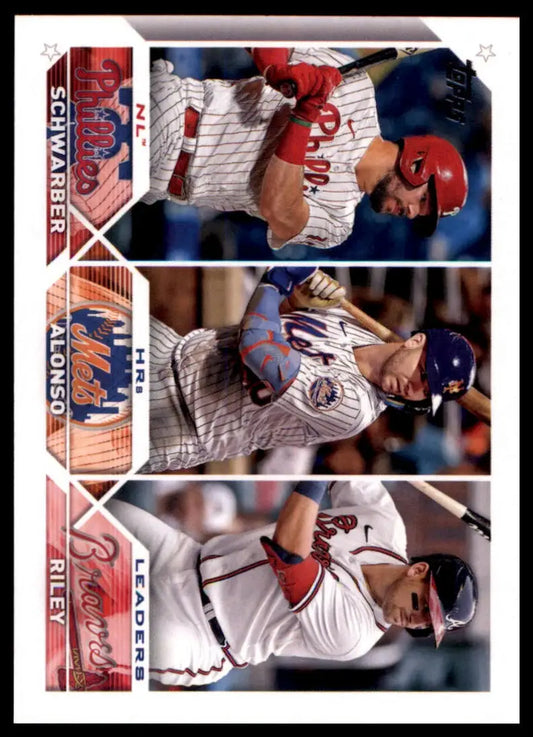 Baseball card featuring NL HRs Leaders Kyle Schwarber Pete Alonso and Austin Riley 2023