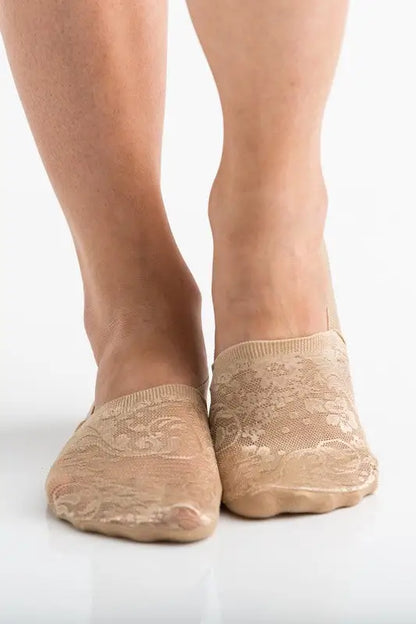 Pair of sheer nude floral lace sneaker socks from the No-Slip Floral Lace Sneaker Socks 3 Pack