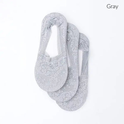 Three pairs of gray floral lace sneaker socks in a 3 pack for comfortable wear