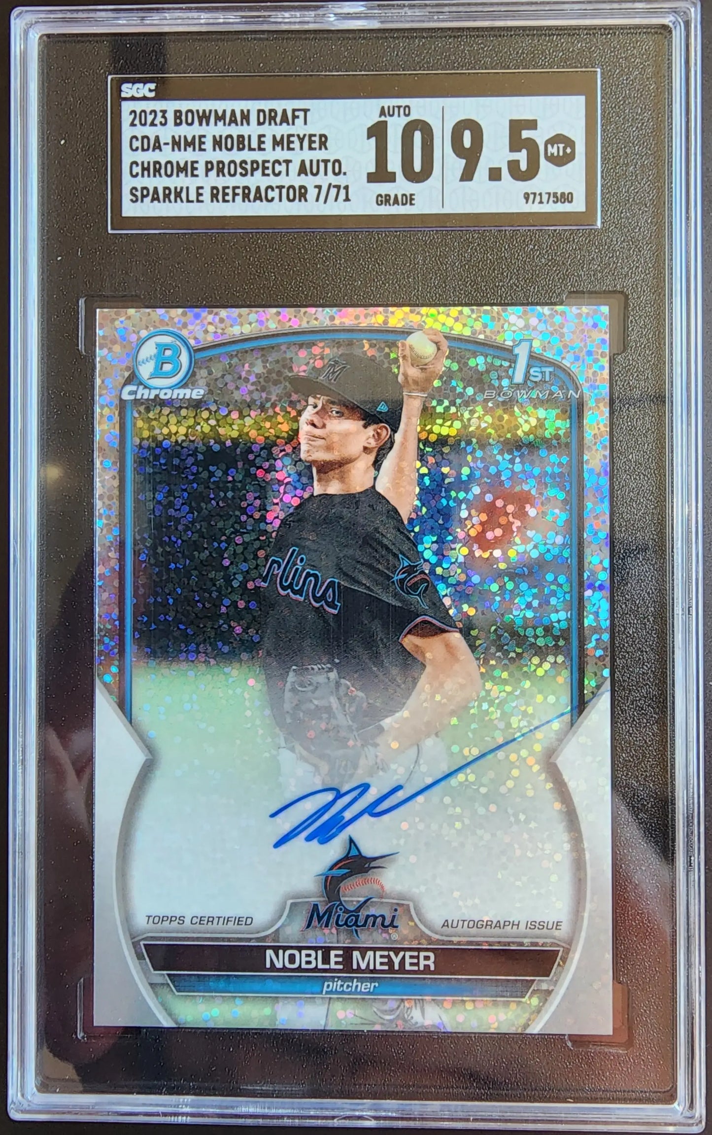 Graded Noble Meyer 2023 Bowman Draft Chrome Sparkle Auto with Holographic Design